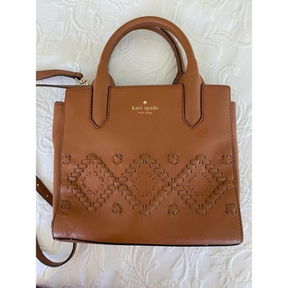 Kate Spade Bag Meriwether Flynn Crossbody Satchel Cognac Brown Woven Leather - Picture 5 of 12